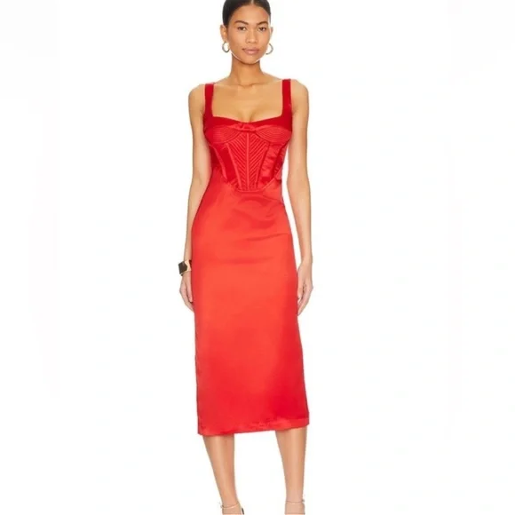 red midi dress revolve Michael Costello X Revolve Fiji Red Ruched Midi Dress Size Small